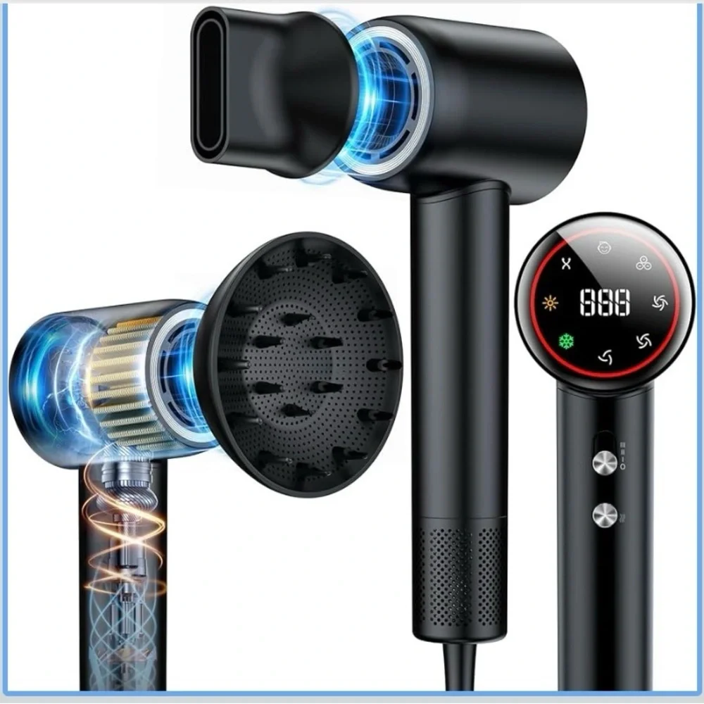 NEW - Hair Dryer with diffuser, blow dryer and attachments, digital display